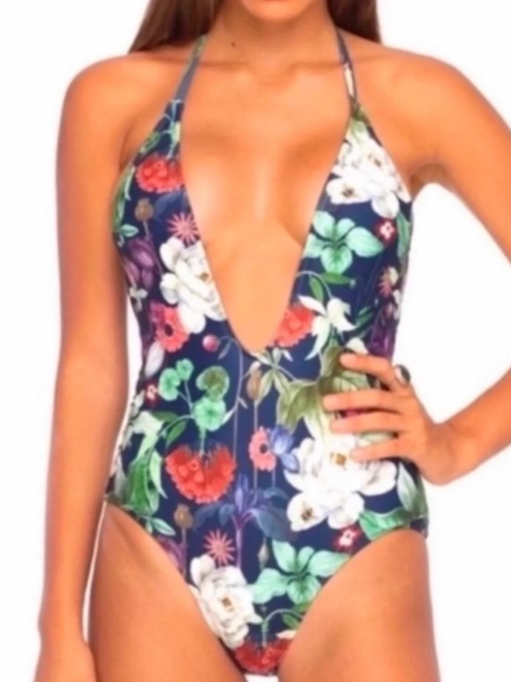 Motel Rocks x UO Sunny Day Navy Botanical Floral Plunge One Piece Swimsuit S New - Picture 15 of 16